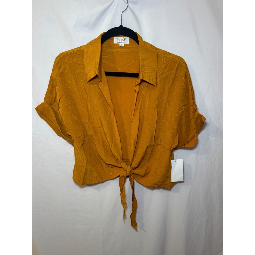 Mustard Yellow Tie Front Crop Top M Boho Textured Festival Tulip B NWT